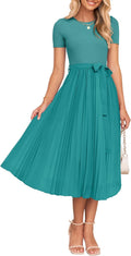 Womens Rib Knit Belted Midi Dress - Pleated A-Line Summer