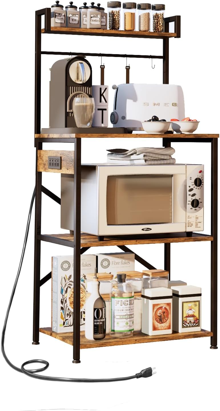 5-Tier Rustic Brown Bakers Rack - Power Outlet, Storage & Coffee Bar