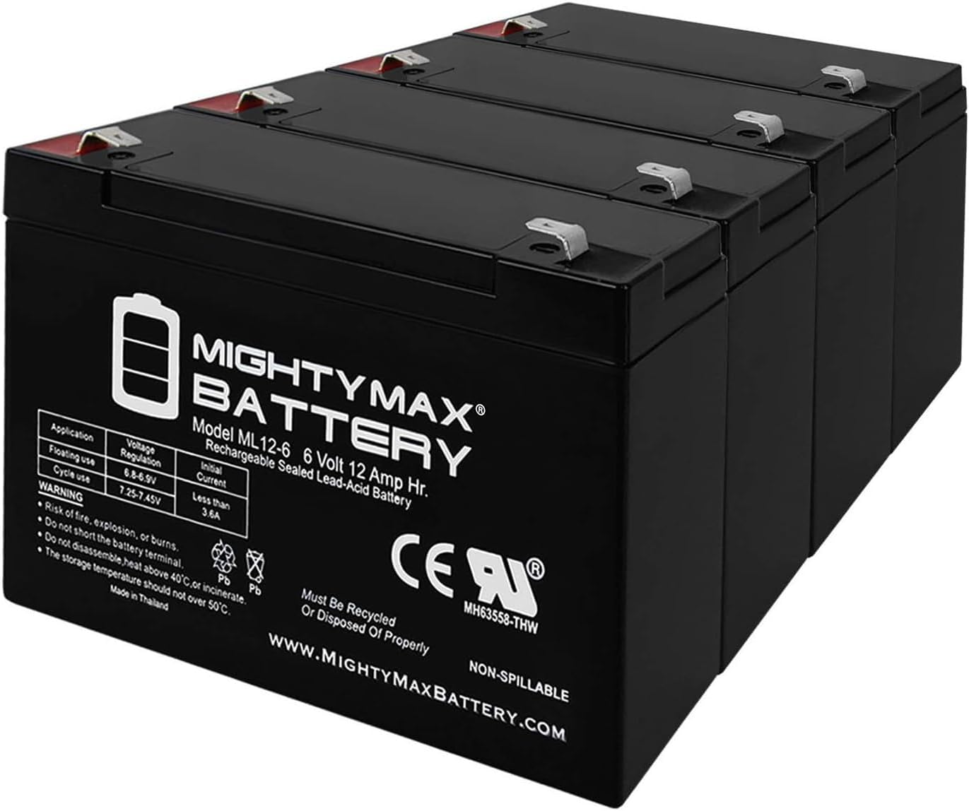 ML12-6F2 6 Volt 12 AH Rechargeable SLA AGM Battery Pack of 4