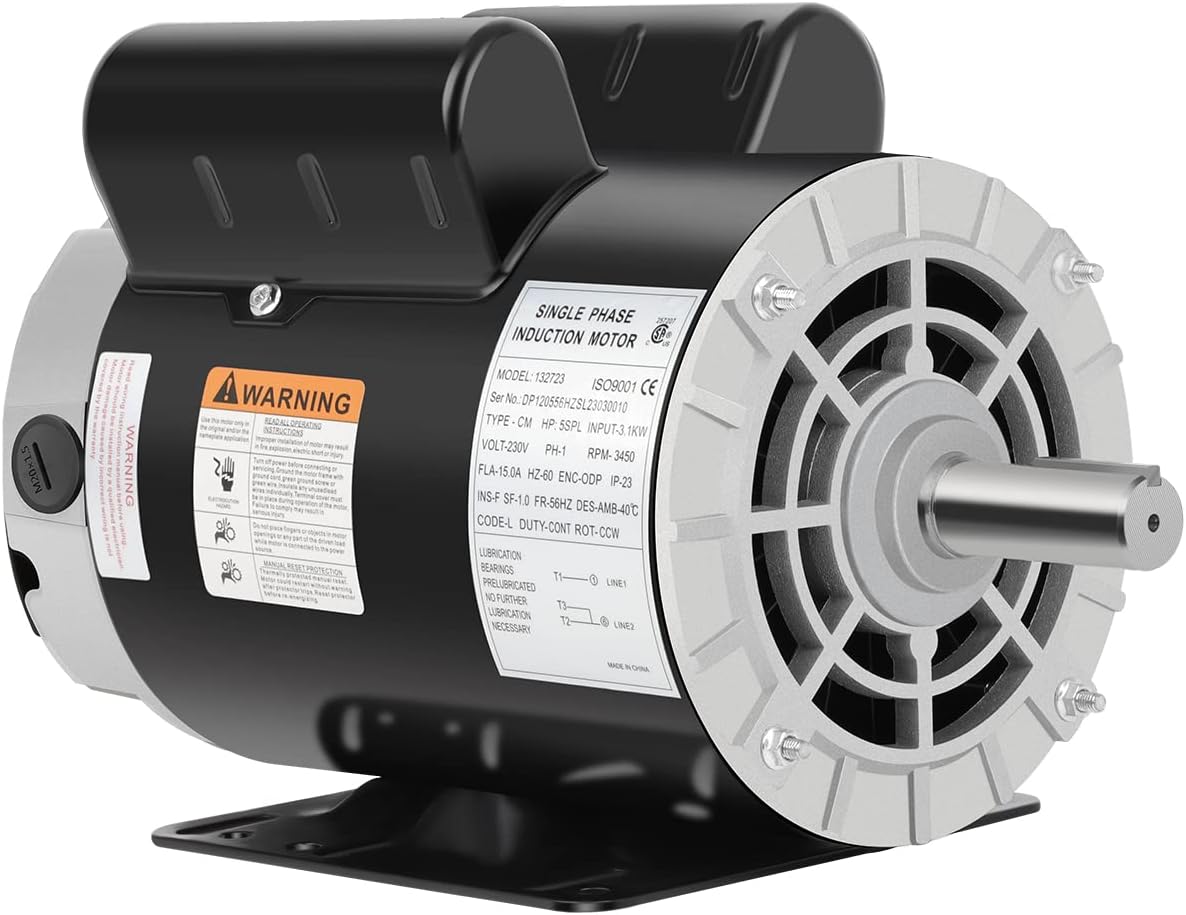 Powerful 5 HP SPL Air Compressor Motor - 230V Single Phase, Commercial-Duty CCW Rotation