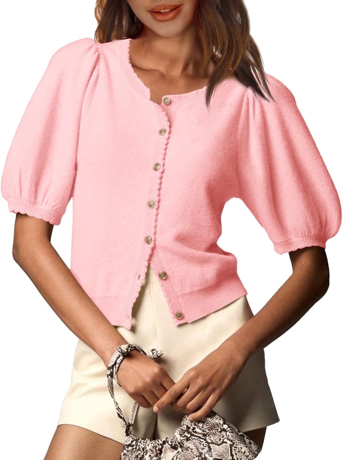 Lightweight Summer Cardigan for Women - Puff Sleeve Knit Top