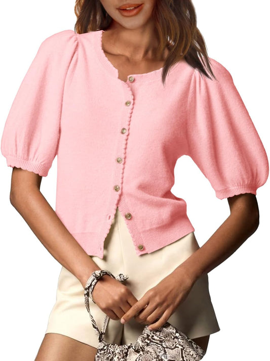 Lightweight Summer Cardigan for Women - Puff Sleeve Knit Top