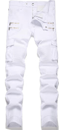 AITITIA Men's Biker Zipper Deco Washed Straight Fit Jeans (Style T1V2)