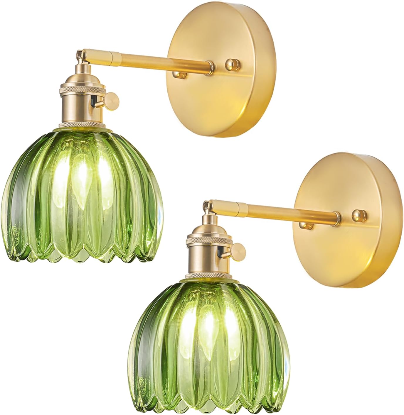 Vintage Wall Sconces Set of Two with Tulip Green Glass Lampshade