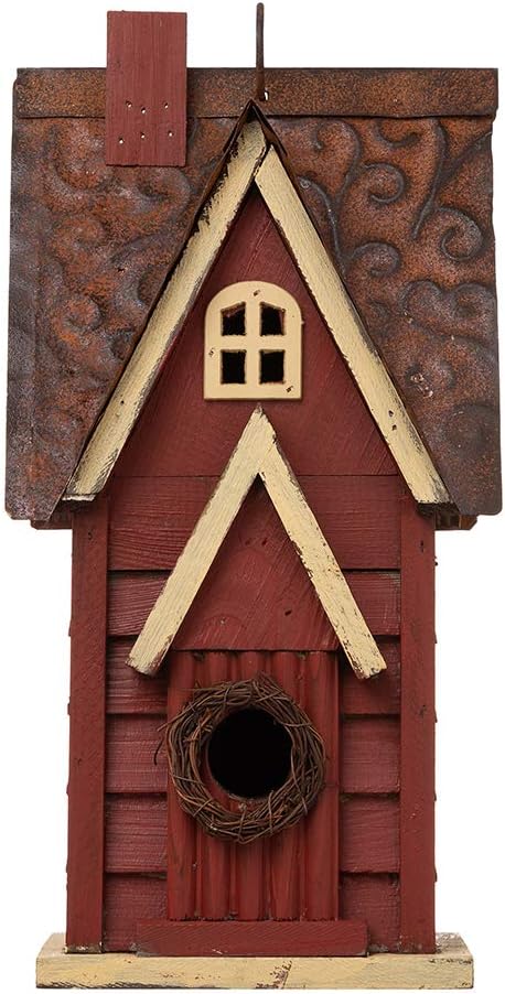 Distressed Red Cottage Solid Wood Birdhouse for Outdoors
