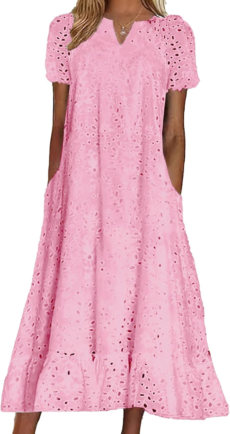 Chouyatou Women Summer Ruffle Hem Floral Lace Eyelet Dress