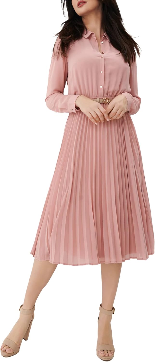 Business Casual Shirt Dress for Women with Pleated Midi Design