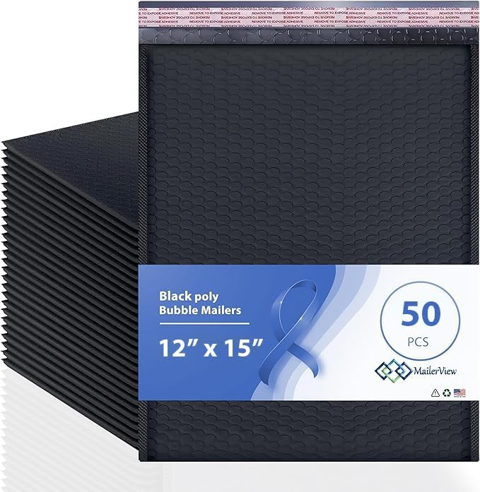 Black Large Poly Bubble Mailers 12x15 inch for Secure Shipping