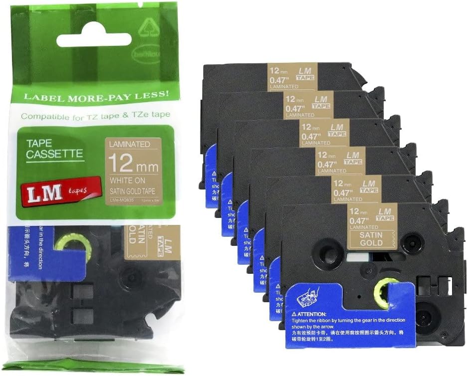 6/Pack LM Tapes Compatible TZe-MQ835 White on Satin Gold