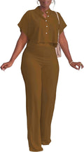 Women's Summer 2 Piece Tracksuit Set - Crop Button Top & Wide Leg Pant