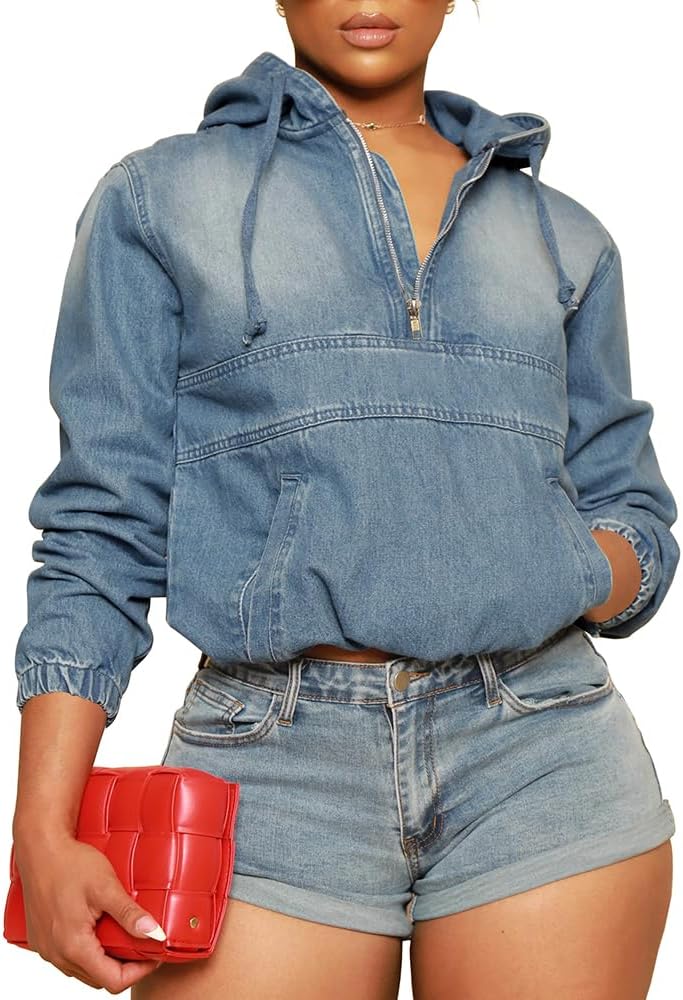 Women's Half Zip Denim Hoodie Pullover Jacket for Stylish Comfort