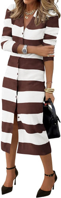 Women's Fall Sweater Dress V Neck Button Ribbed Knit - Cozy Midi