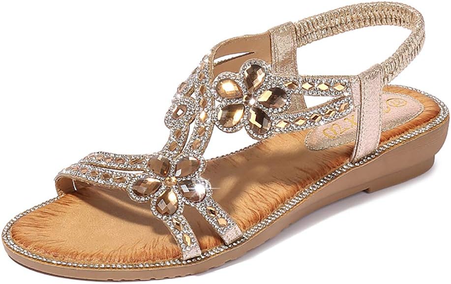 Women's T-Strap Beaded Flower Rhinestone Flat Sandals for Summer