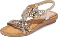 Womens T-Strap Beaded Flower Rhinestone Flat Sandals - Dressy Sparkle