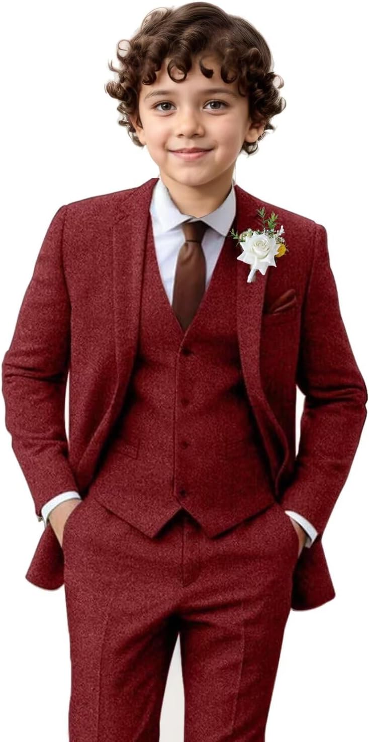 Boy Suit Tweed 3 Pieces Herringbone Slim Fit Formal Set