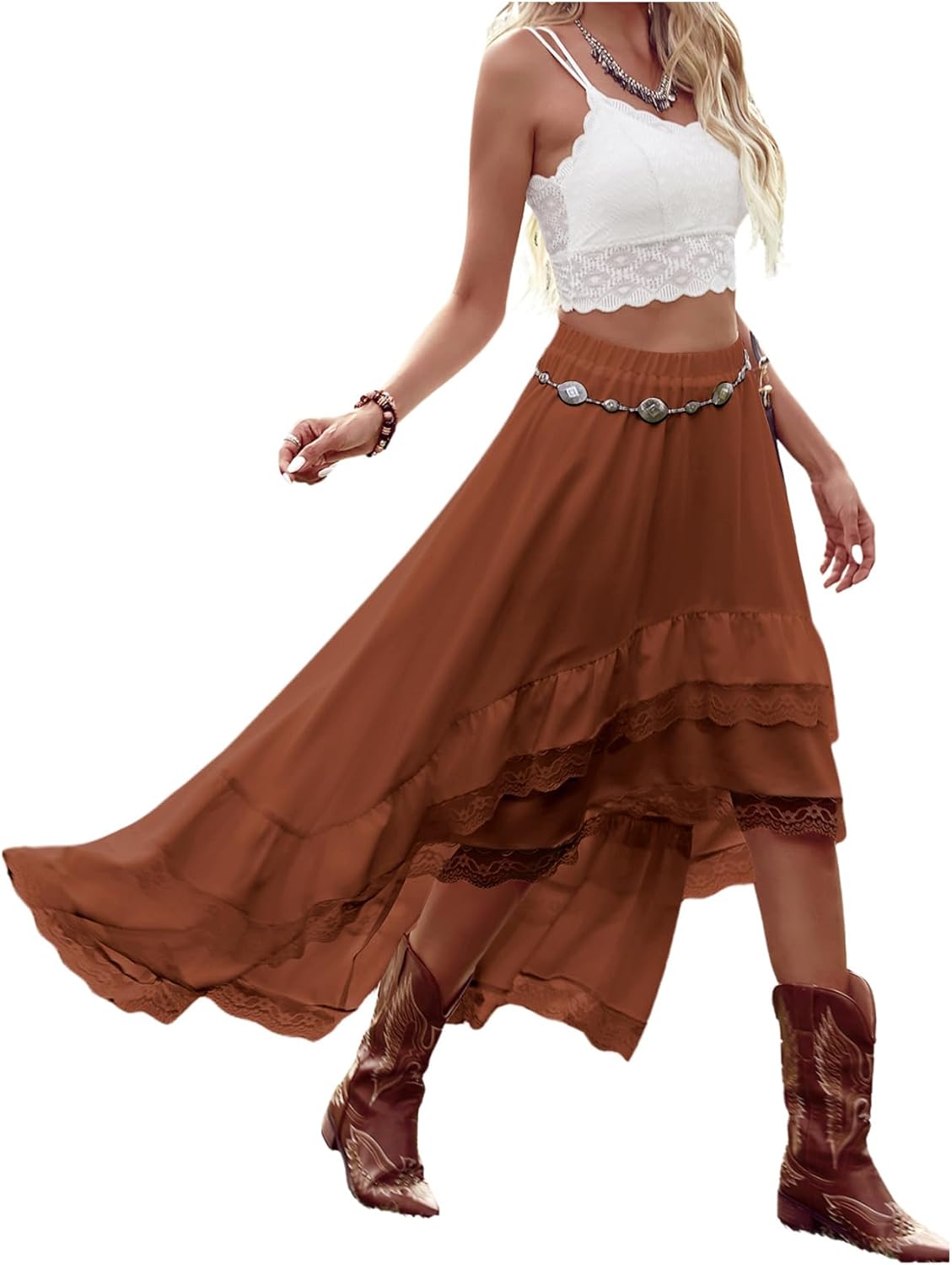 Verdusa Women's Western Boho Lace Ruffle Skirt for Concerts