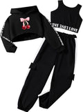 Girls Graphic 3 Piece Workout Set - Cute Hoodie Crop Tank & Pants
