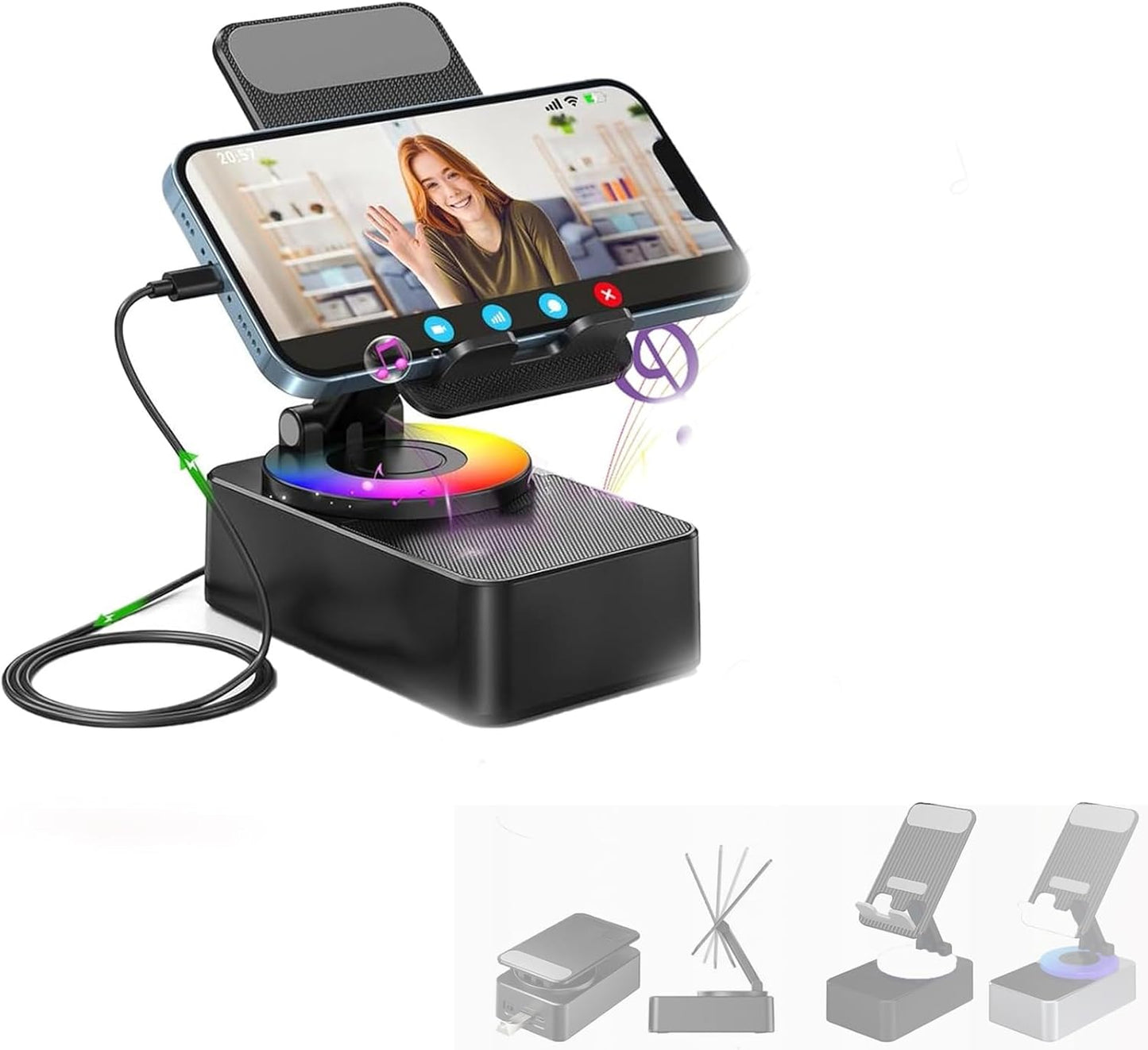 3-in-1 Bluetooth Speaker Stand, Power Bank, Light - Black