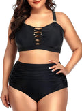 Daci Women Plus Size Two Piece High Waisted Bikini - Ruched Lace Up