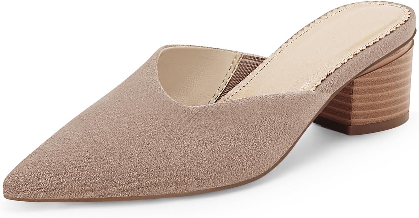 Coutgo Womens Pointed Toe V Cut Mules with Chunky Block Heels