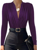 Women's Chiffon Wrap V Neck Ruched Long Sleeve Bodysuit - Elegant Fit