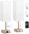 Gold Bedside Table Lamps Set of 2 - Small Rectangular Nightstand Lamps