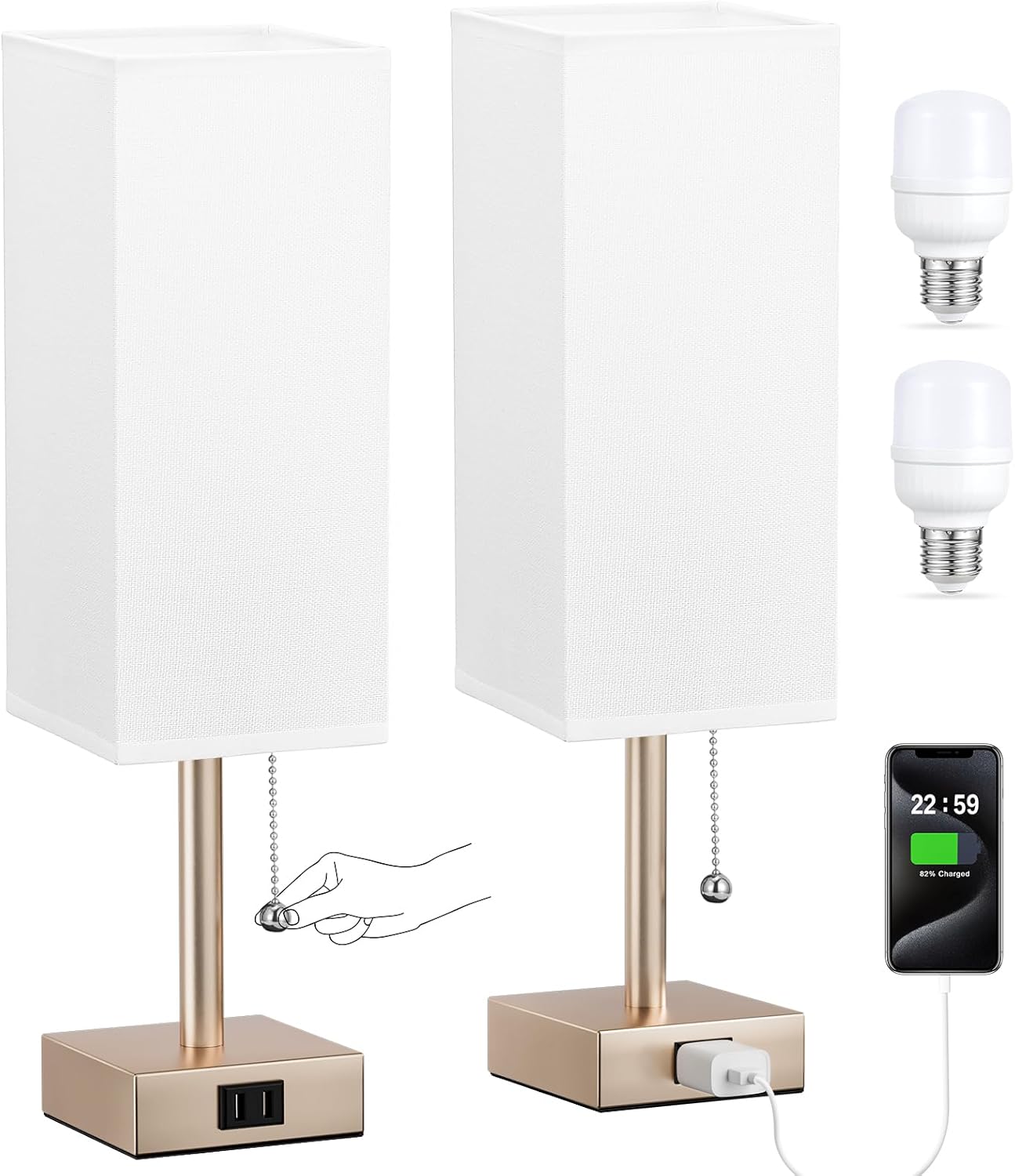 Gold Bedside Table Lamps Set of 2 with AC Outlet and 3 Colors