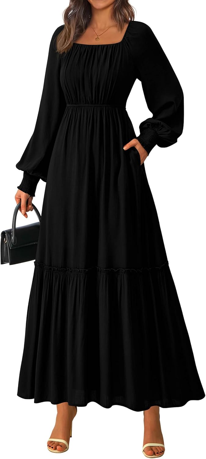 KIRUNDO Casual Fall Dresses for Women - Flowy Long Sleeve Maxi