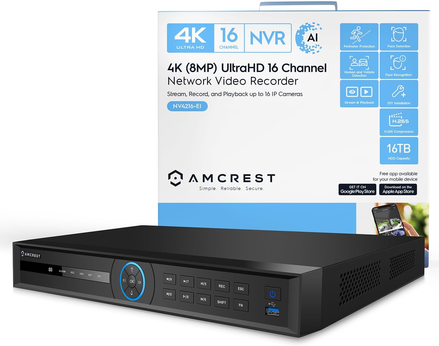 Amcrest 4K NV4216-EI 16CH AI NVR with Facial Recognition Features