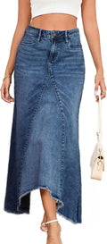 Womens Casual Slit Denim Midi Jean Skirt Stretch High Waist Frayed