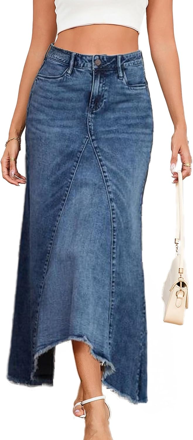 Womens Casual Slit Denim Midi Jean Skirt with Pockets