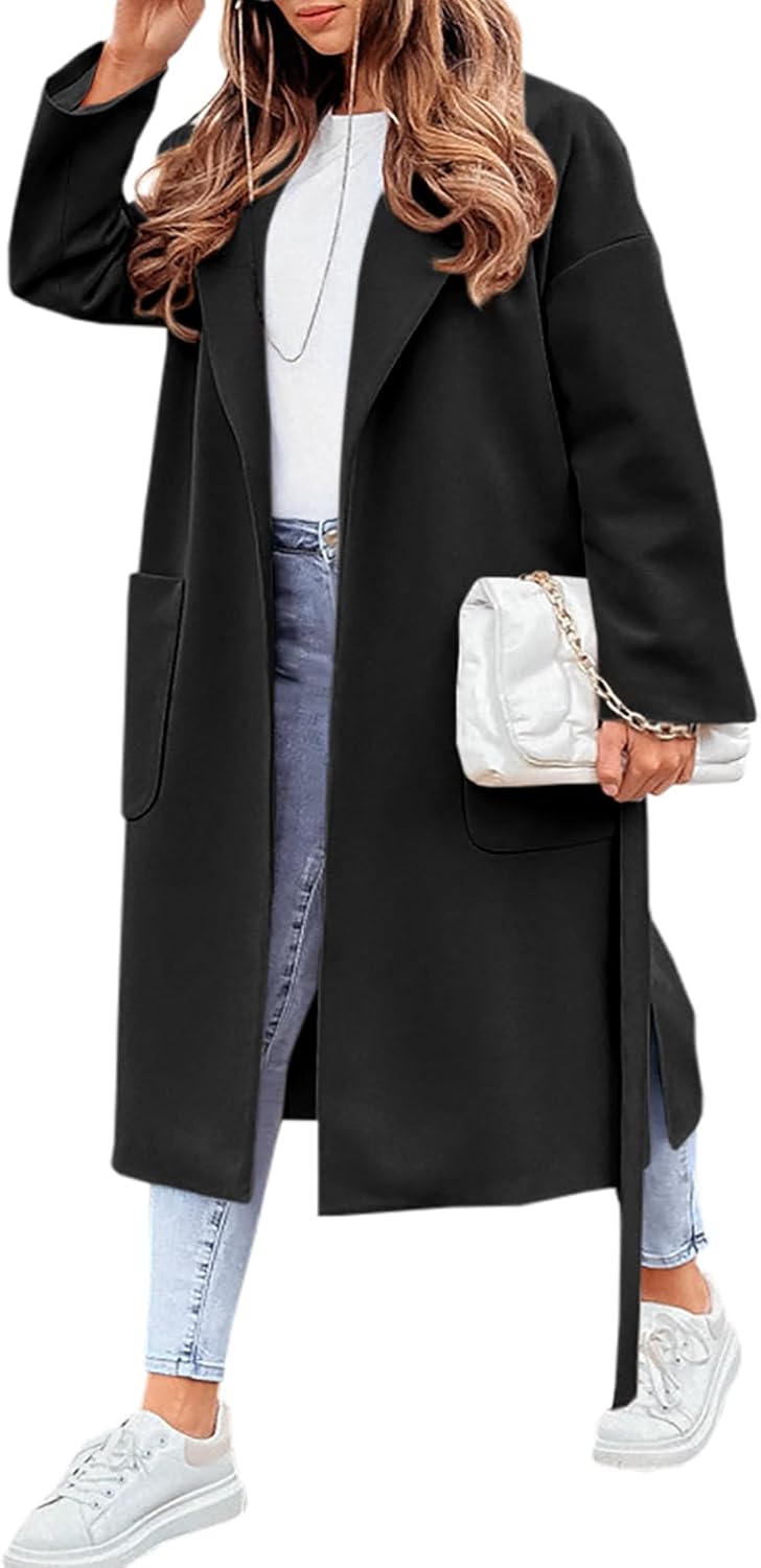 FSHAOES Womens Lapel Collar Pea Coat Open Front Overcoat Jacket