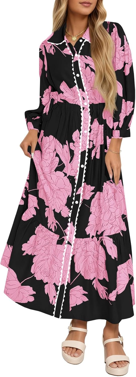 Wenrine Womens Maxi Shirt Dress Casual Floral Collared Style