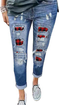 Astylish Womens Plaid Patch Ripped Boyfriend Distressed (Style KJG3)