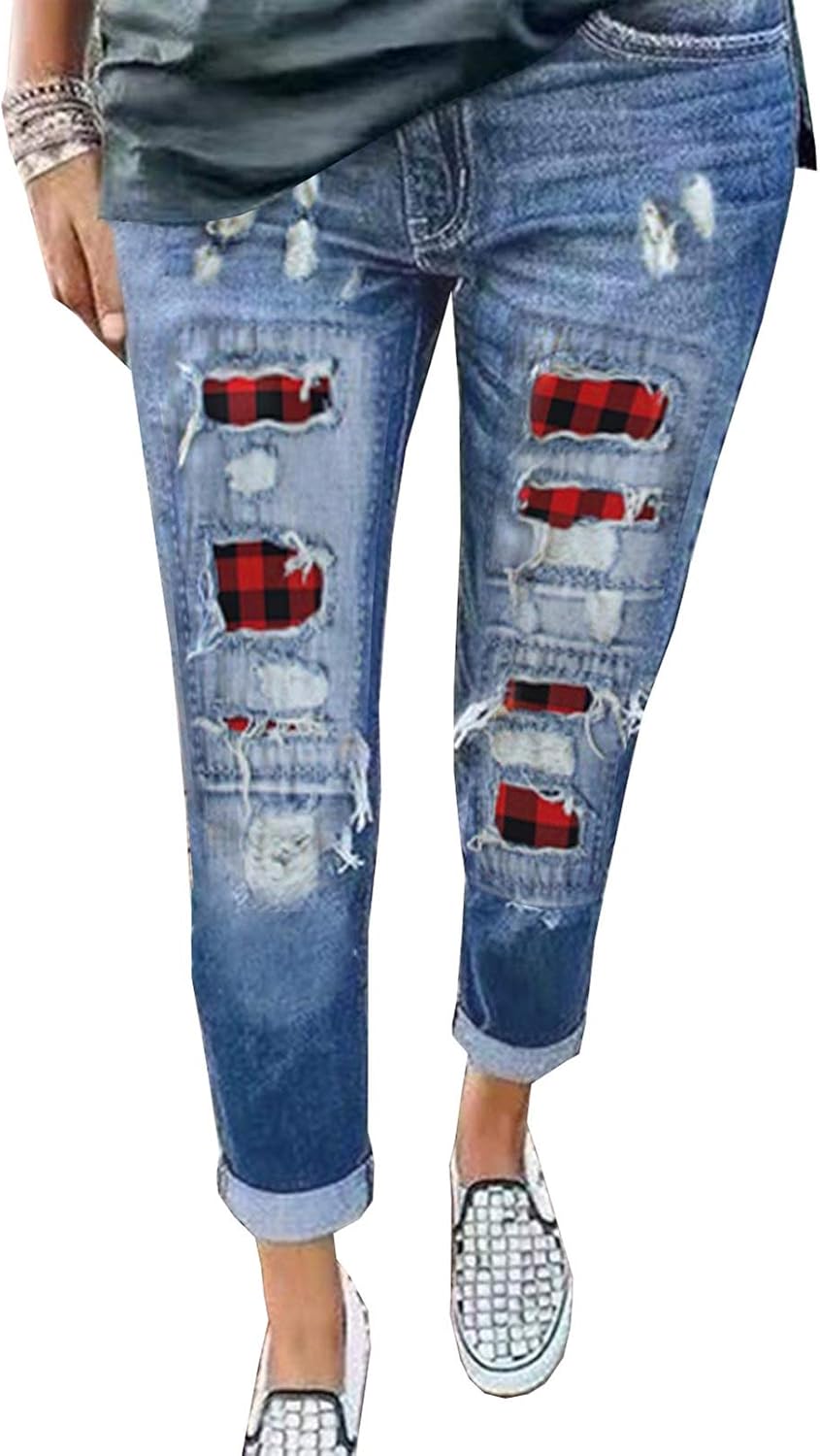 Astylish Womens Plaid Patch Ripped Boyfriend Distressed Jeans