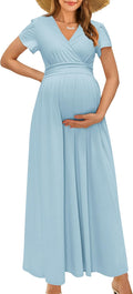 OUGES Maternity Maxi Dress Wrap V Neck - Flattering Bump-Friendly Fit