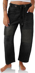 Womens Baggy Barrel Horseshoe Jeans - Patchwork Wide Leg Low Rise