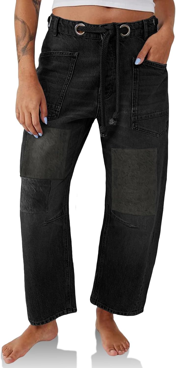 PLNOTME Womens Baggy Barrel Horseshoe Jeans for Trendy Style