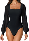 Women Puff Long Sleeve Bodysuit Mesh Square Neck Thong - Slim Fit