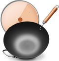 Carbon Steel Wok Pan 13.4 in - Lightweight Flat Bottom Wok for Family