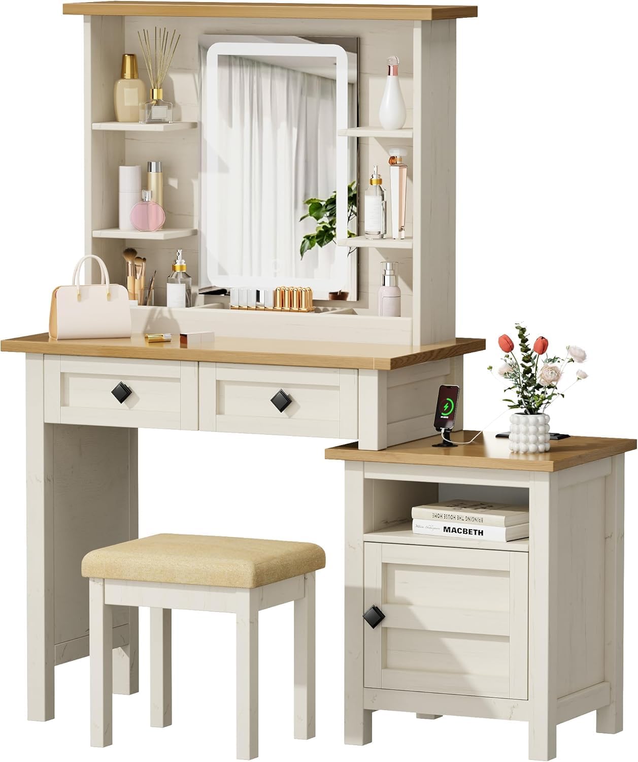 Farmhouse Vanity Desk with Mirror & Lights