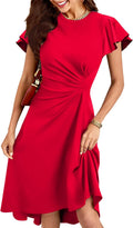 oten Women's Ruffle Sleeve Ruched Waist High Low Midi Dress - Flowy