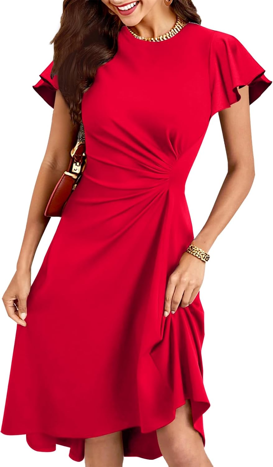 Elegant Ruffle Sleeve Ruched Waist Midi Cocktail Party Dress