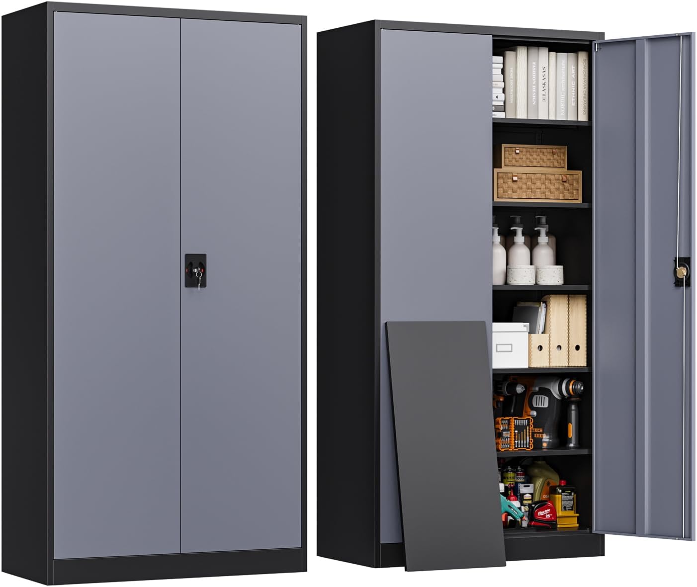 72 Inch Metal Cabinet with Locking Storage and Adjustable Shelves