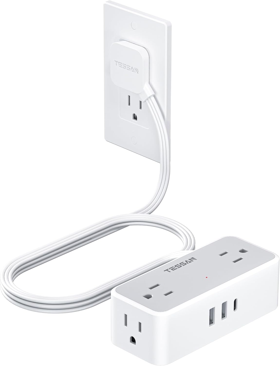 TESSAN 5 FT Flat Plug Power Strip, 4 AC Outlets + USB, 900 Joules Protection