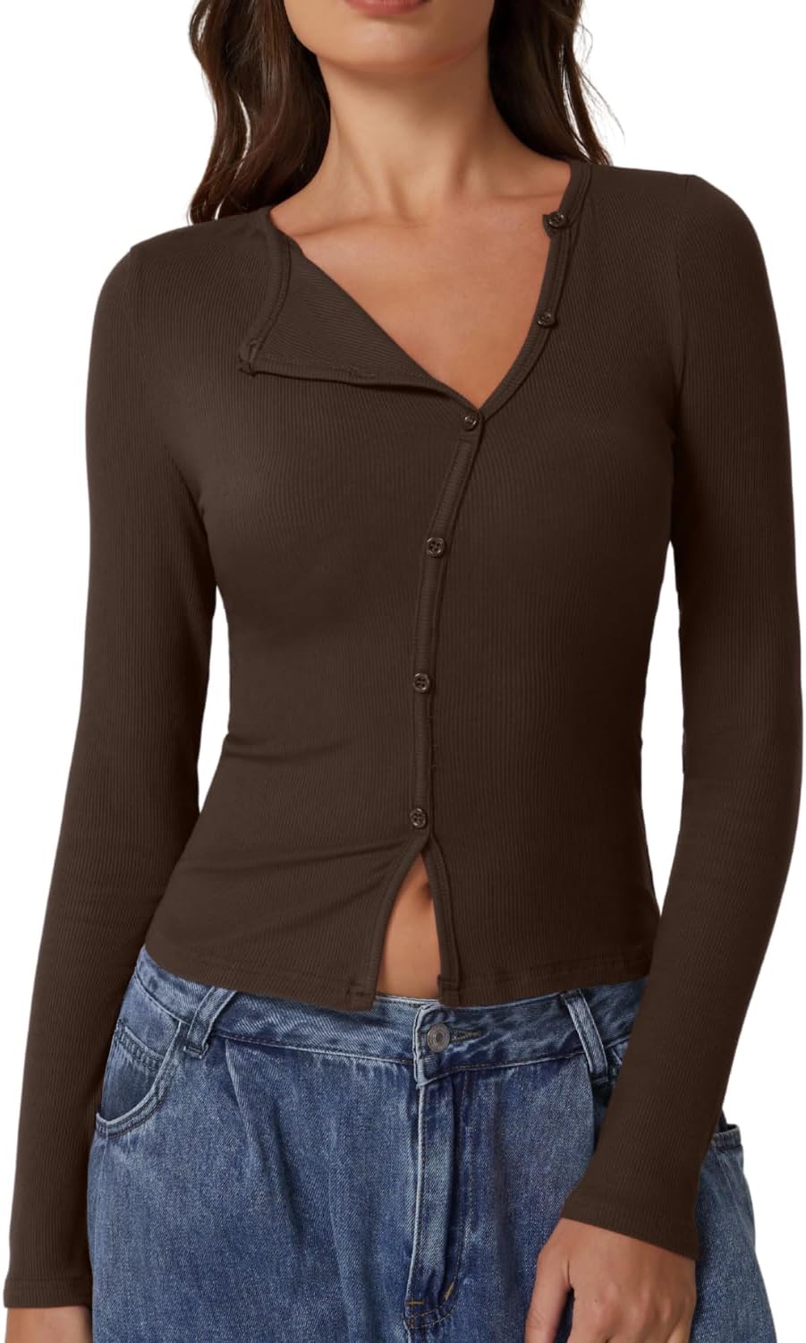 QINSEN Women's Long Sleeve Ribbed Crewneck Button Top for Outings