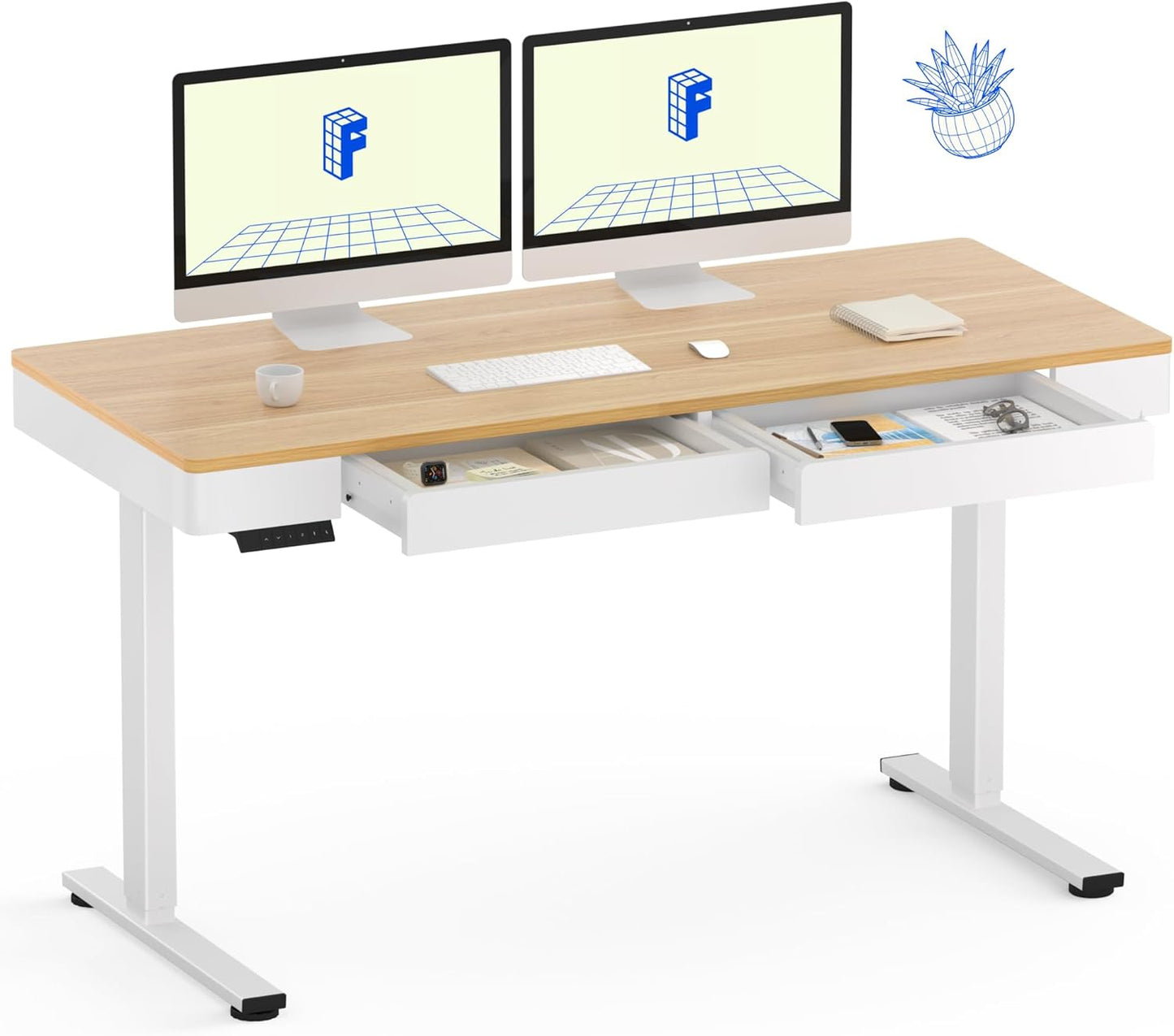 Electric Standing Desk - Double Drawers, Adjustable Height, Maple