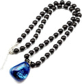 Black Stone Necklace with Raw Blue Agate Pendant - 8mm Beads