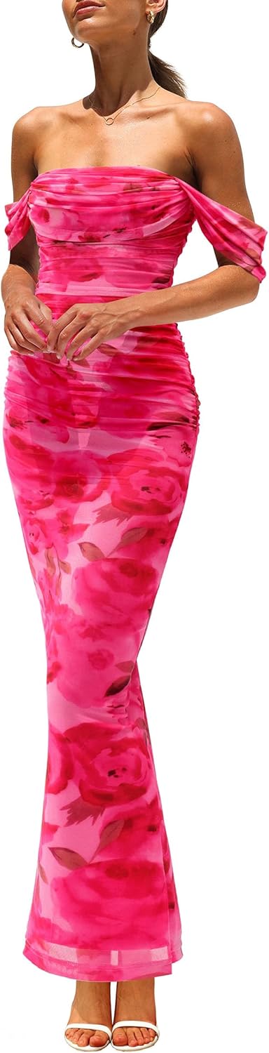 PRETTYGARDEN Maxi Dresses for Women - Elegant Floral Off Shoulder