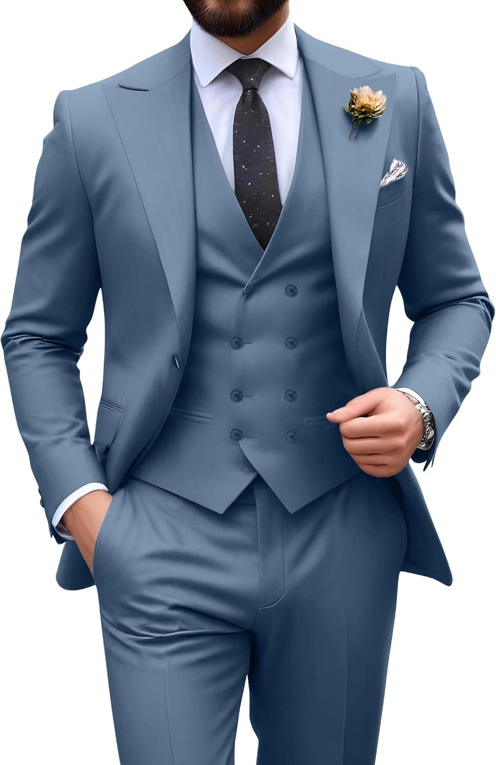 Slim Fit 3 Piece Double Breasted Suit Set for Weddings and Events